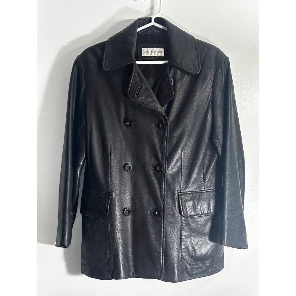Jones New‎ York Petite Leather Jacket Button Front Black Womens Classic Style